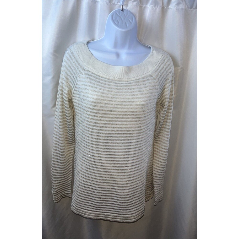 White House Black Market Women’s Ivory & Gold Strip Off Shoulder Sweater M